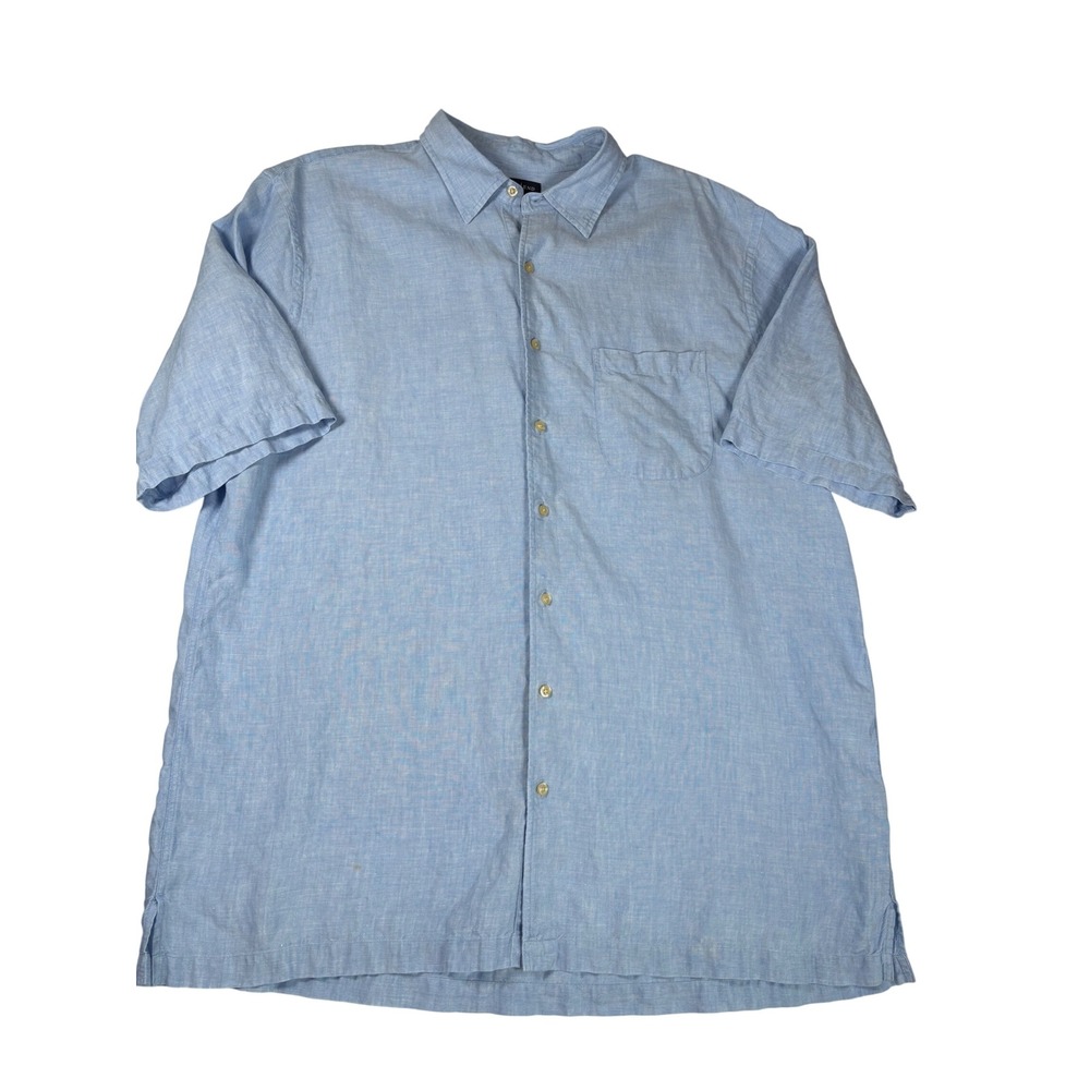 Lands End Mens XL Tall Light Blue 100% Linen Short Sleeve Button Down Shirt
